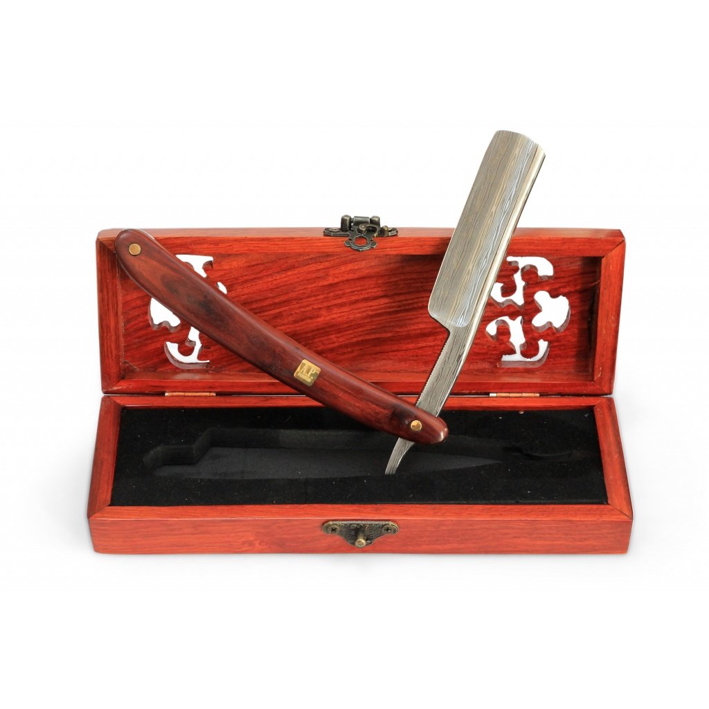Luxus 7/8" Rasiermesser mit Damast-Klinge und Mahagoni Holzgriff (inkl. Rasierseife, Rasierpinsel, Streichriemen) Geschenke für Männer - Geschenkset