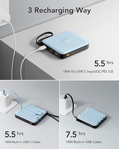 Miniatura 5 de VRURC Cargador portátil con 4 cables incorporados, batería de 20000 mAh, cargador portátil PD de 20 W, carga rápida, banco de energía para iPhone 16