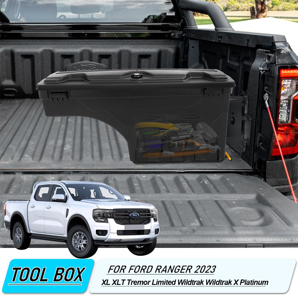 Boîte à outils pour Ford Ranger 2023 2024 2025 T9 Pickup Wildtrak Raptor XL XLT Limited Tremor Platinum Boîte à outils Organiseur 180° Swing Case (côté droit)