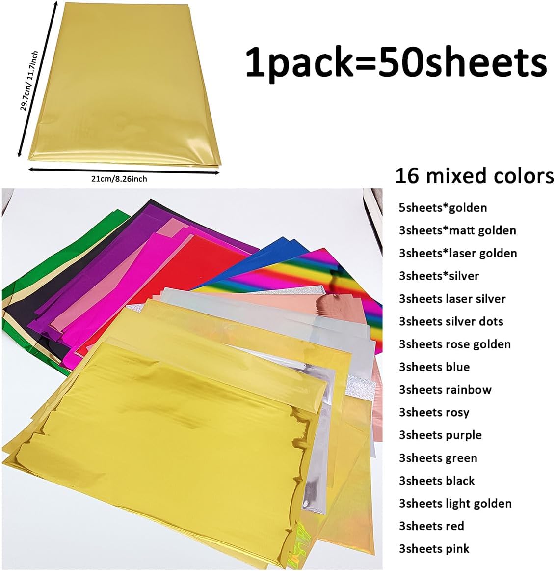 50 Sheets A4 Size Reactive Foil Transfer Foil Paper Use Laminator Laser Printer, 16 Mixed Colors Transfer Craft Foil for Handmade Craft Accessories