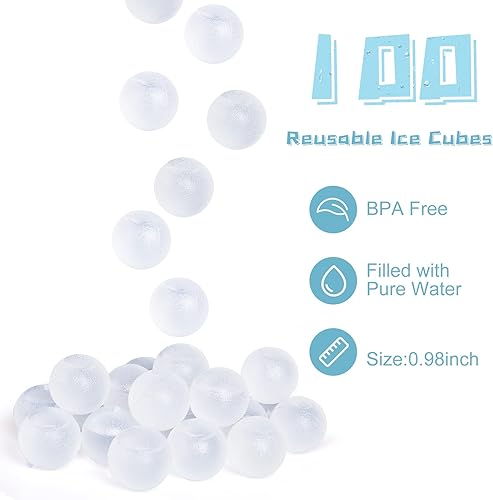 Miniatura 5 de Paquete de 100 cubitos de hielo reutilizables para bebidas, cubos de hielo de plástico transparente de forma redonda sin diluir sin BPA, cubos de