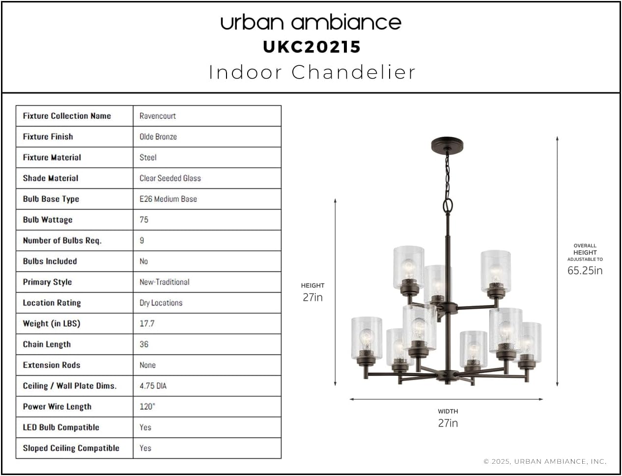 Urban Ambiance Luxury New Traditional Chandelier, Large: 27''H x 27''W, with Utilitarian Style Elements, Olde Bronze Finish, UKC20215, Ravencourt Collection