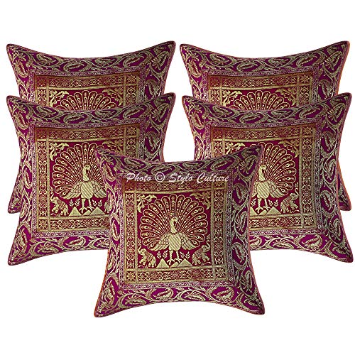 Image of Decorative Brocade Cushion Covers 16 Inch x 16 Inch Banarasi Jacquard Magenta & Gold Living Room Decor Peacock Traditional Square 40x40 cm Zippered Sofa Settee Pillowcases -Set of 5 Pcs
