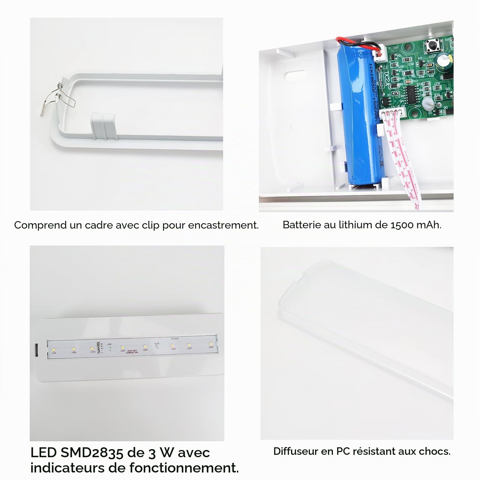 Alpinaluz Autotest Lumières d'urgence LED 3 W, batterie au lithium, mode permanent et non permanent, montage encastré ou surface, 265 lm, 6500 K, 3 heures d'autonomie