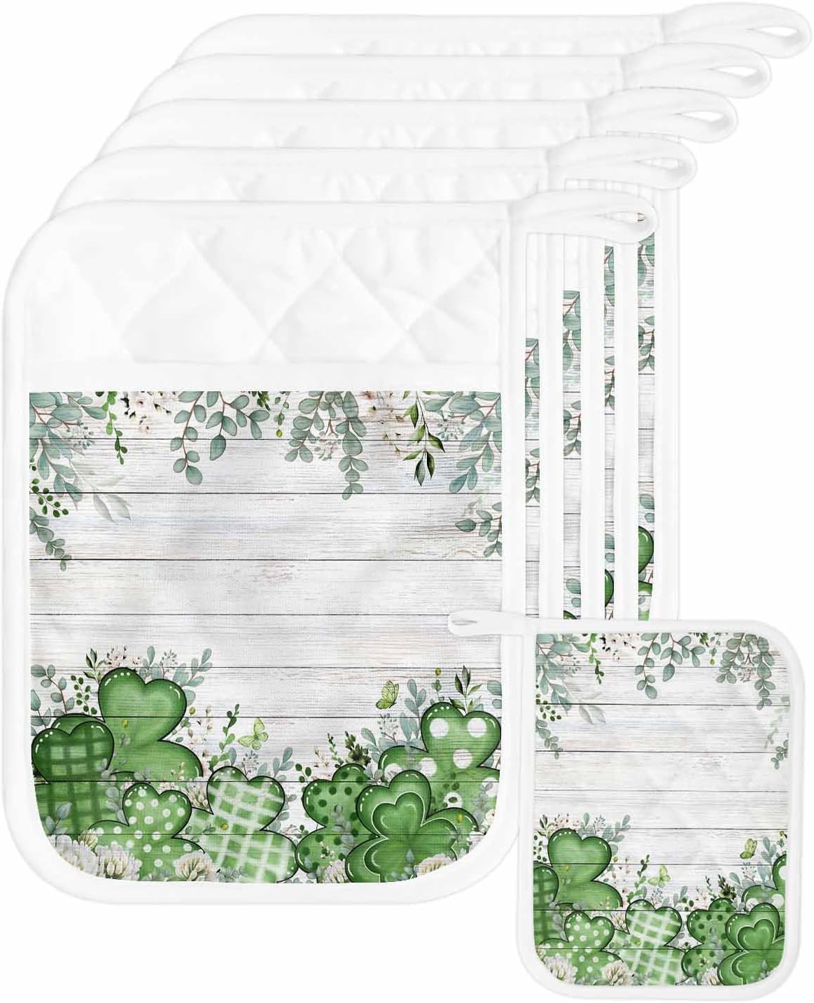 5 Pack Pot Holder with Pocket, St. Patrick's Day Lucky Eucalyptus Kitchen Potholders Heat Proof Non Slip Pot Holders Sets, Country Leaves Retro Plank Hot Pads Potholder for Cooking Baking BBQ