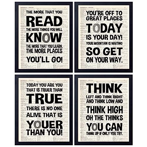 akeke Dr. Seuss Quotes and Saying Vintage Book Wall Art Prints - Set of Four 8"x10" Unframed - Motivational Inspirational Classroom Office Child/Boy/Girl/Nursery Room Decor