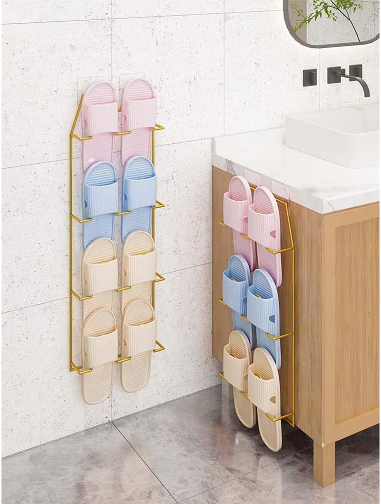 Shoe Rack Wall-Mounted Bathroom Slippers Rack 4 Tier Wall Hanging Toilet Storage Shelf Toilet Rack Free Punching Door Shoe rack23x62cm(Color:Golden)