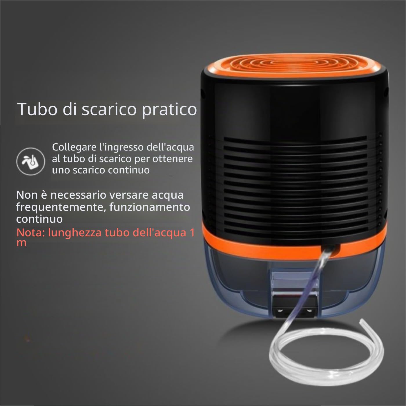 Deumidificatore portatile con tubo di scarico, nero e arancione, spegnimento automatico, sistema di purificazione 3 in 1 per stagione delle piogge, drenaggio continuo
