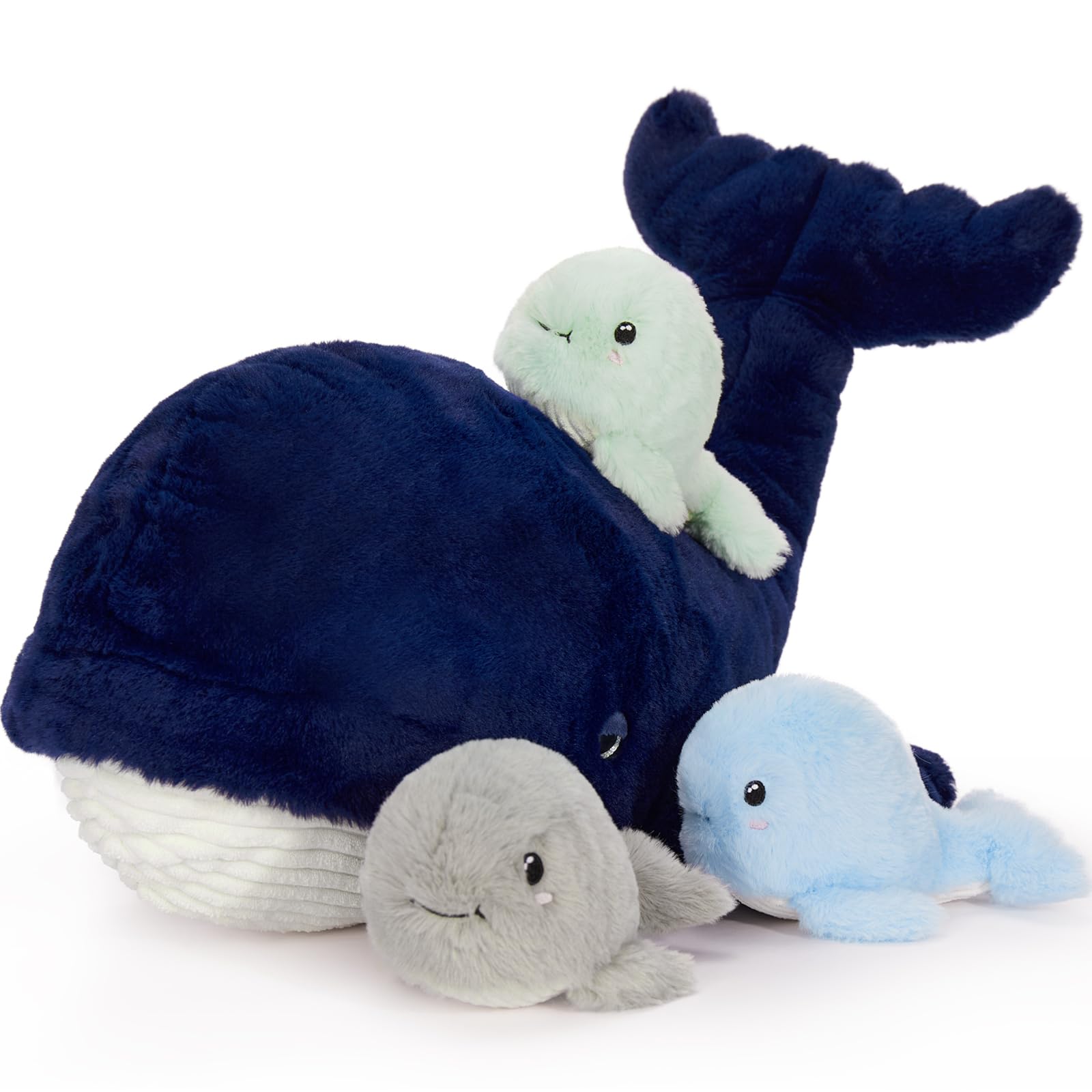 MorisMos Balena Peluche 50cm, Blu scuro Balena Mamma con 3 Cuccioli, Grande Realistico Morbido Dolce Giocattolo di Peluche Regalo per Bambini Compleanno Natale Deco