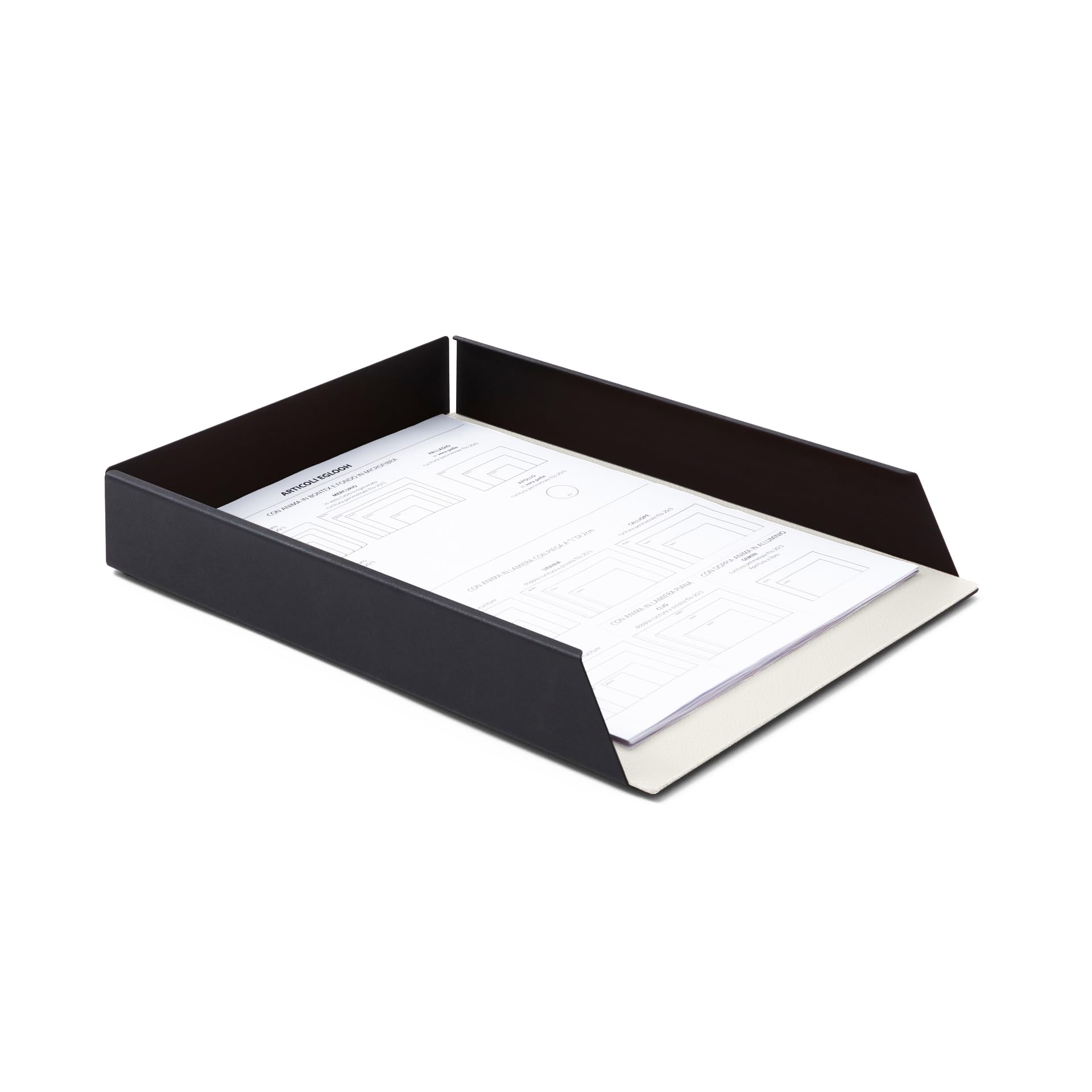 Eglooh - Dafne - Set Scrivania Acciaio Nero Opaco - Fondi Interni in Vera Pelle Bianca - 4 Pezzi: Svuotatasche, Portapenne, Porta Documenti, Porta Biglietti da Visita - Made in Italy