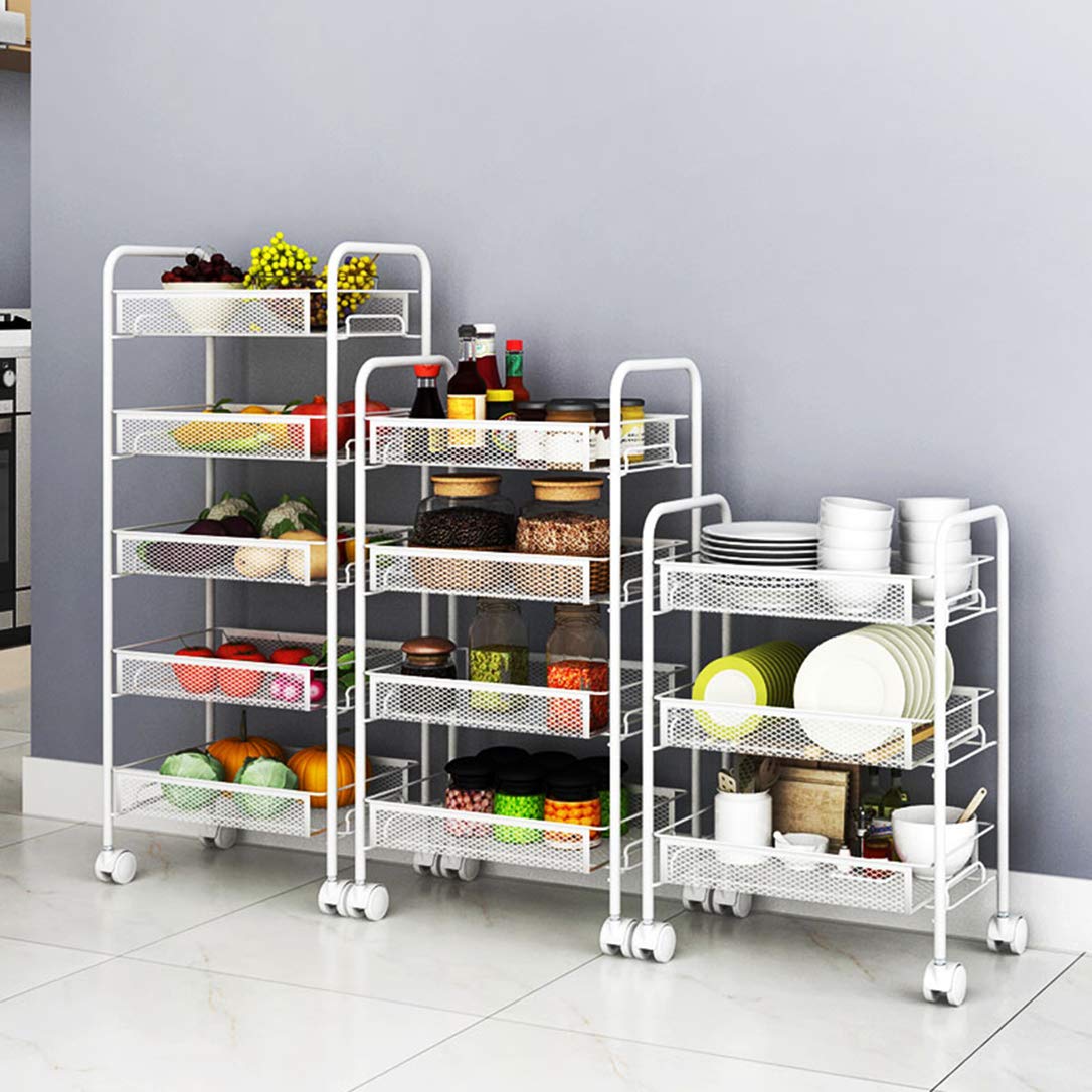 ZYFA Carrello Cucina a 3/4/5 Piani Servizio,con Rotelle Bloccabili, Scaffale Portaoggetti Mobile in Acciaio,Carrello Portaoggetti Multiuso, Carrello Salvaspazio, Scaffale Rete Metallica Contenitori