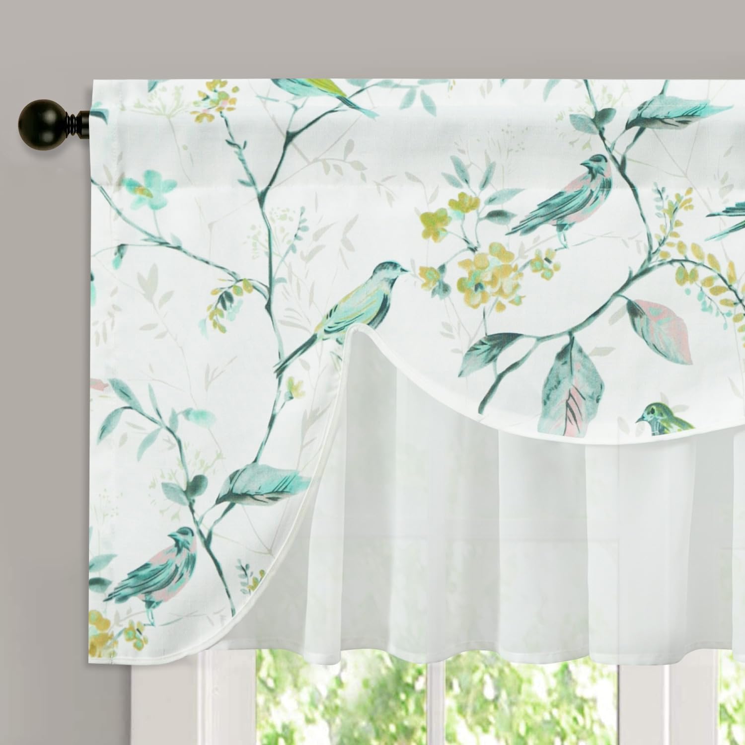 VOGOL Green Bird Kitchen Valance, Dual Layer Voile Window Valance for Cafe, Linen Look Backing Easy Care Rod Pocket for Bedroom, 52×18 Inch, 1 Panel — image 1