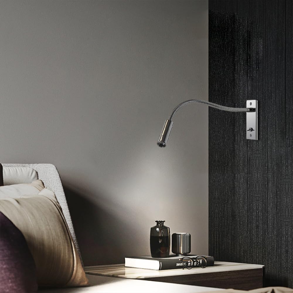 Recessed Reading Wall Lamp 3W LED Hotel Headboard Wall Light Fixture, Flexible Gooseneck Wall Sconce with Switch, Modern Minimalist Wall Lights for Console, Studio, Bedroom Bedside (Bright Chrome)