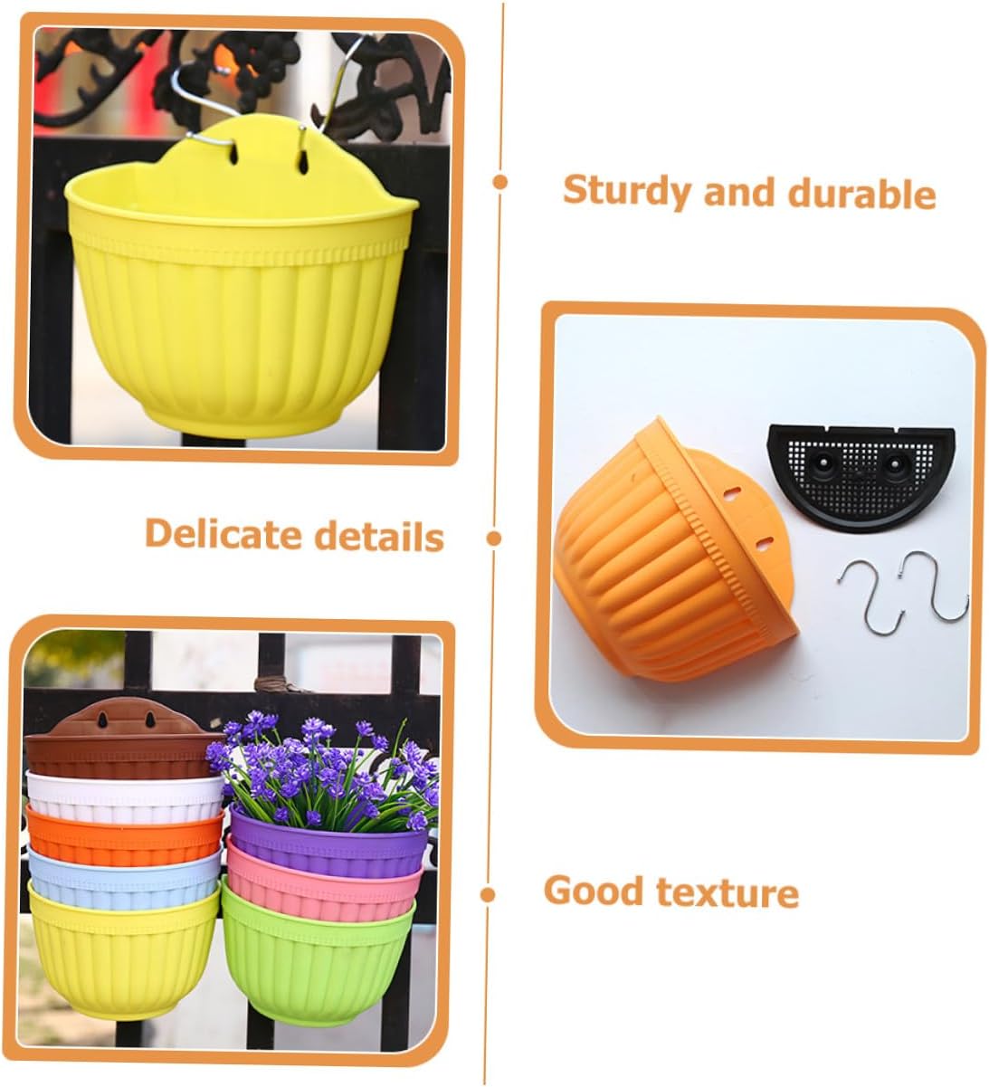 Colorful Hanging Plant Pots Set of 8, Small Balcony Wall-Mounted Plastic Flower Planters 20.5cm Diameter X 14cm Height, Decorative Hanging Garden Pots for Outdoor Railings