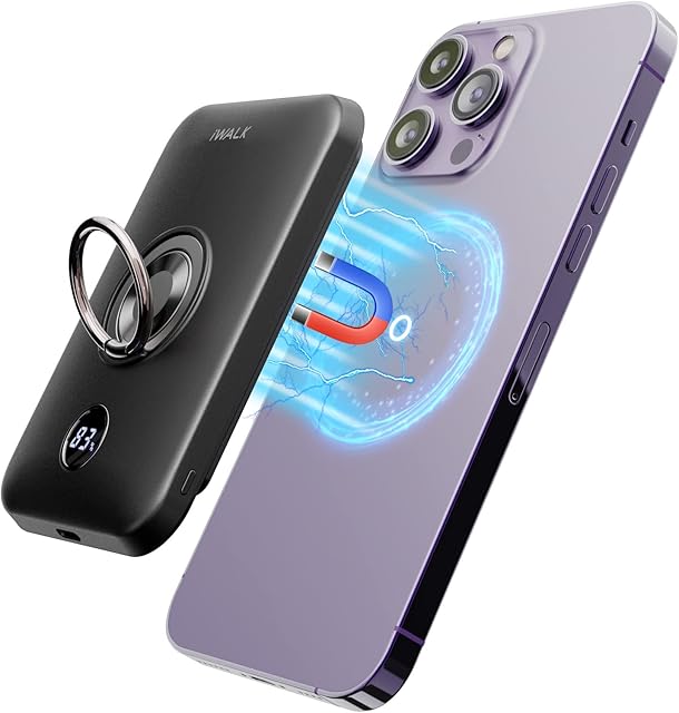 iWALK Magnetic Wireless Power Bank, 6000mAh Portable Charger with Finger Holder, Stronger Magnet Stick for Phone with Unique Mag-Suction Tech, Only Compatible with iPhone 14/13/12 Pro Max