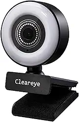 Webcam de streaming 1080p 60FPS com luz de anel, foco automático rápido, câmera web Cleareye USB 1080P 2021, microfone estéreo duplo, para reuniões de zoom, equipes Skype