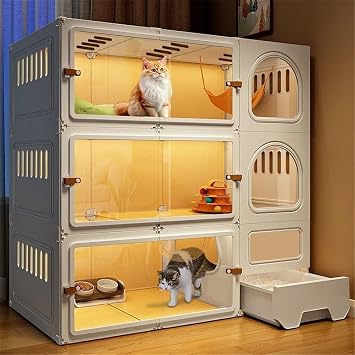 Large Cat Cage Indoor, Cute Cat House with Cat Litter Box, PE Cat Enclosures Indoor with Transparent Door, Pet Cage with Toilet105 * 45 * 105cm