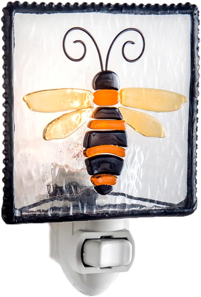 J Devlin Glass Art Stained Glass Night Light Bumble bee, Plug in nightlight for Bedroom/Bathroom/Nursery/Hallway Home Decor NTL 182