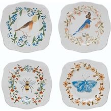 Creative Co-Op Scalloped Stoneware 5" Plates with Insects, Birds, and Flowers, Multicolor, Set of 4