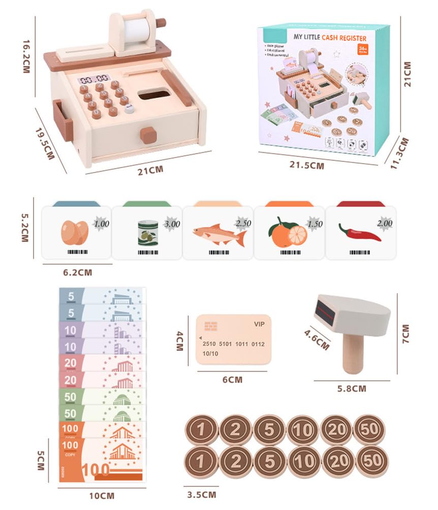 Juguete de caja registradora de madera, simulación de caja de supermercado | Set de Juego de Supermercado para Niños, Juguete de Dinero de Juego, Juego de Rol de Compras