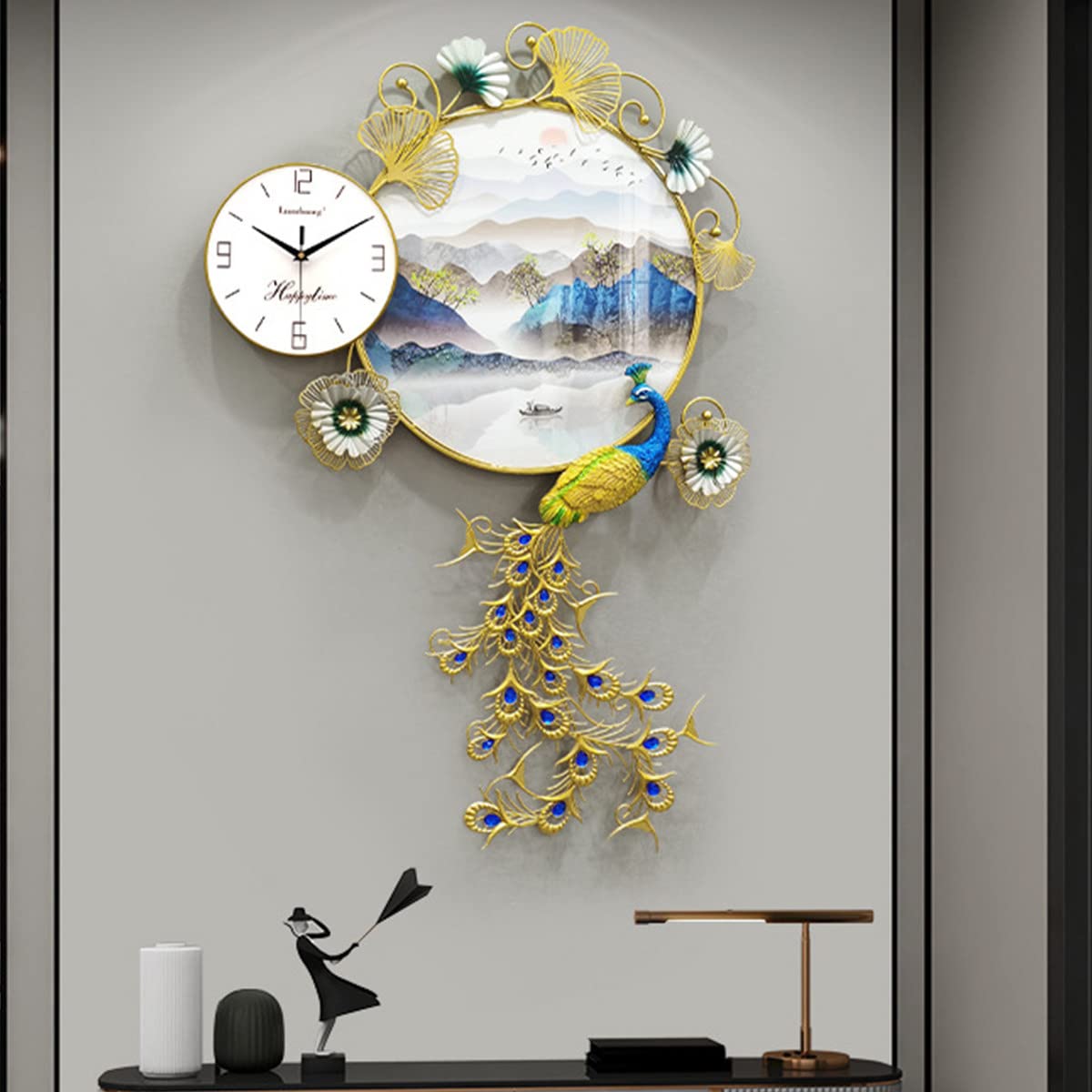 QIYFOZ Iron Modern Wall Clock Large 3D Peacock Shape Non Ticking Silent Clock For Living Room Decor