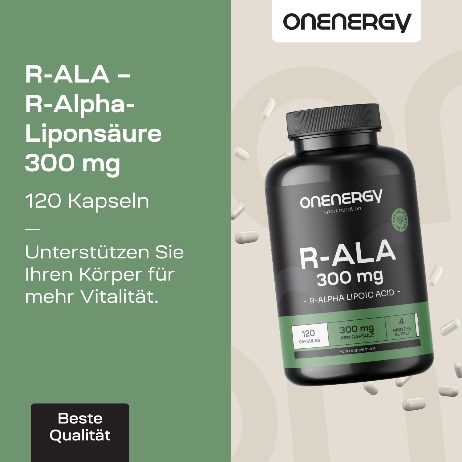 R-ALA – R-Alpha-Liponsäure 300 mg – 120 pflanzliche Kapseln – Hoher Gehalt und hervorragende Qualität – Energieboost – Vitalität – 4-Monats-Vorrat – Ideal für Sportler