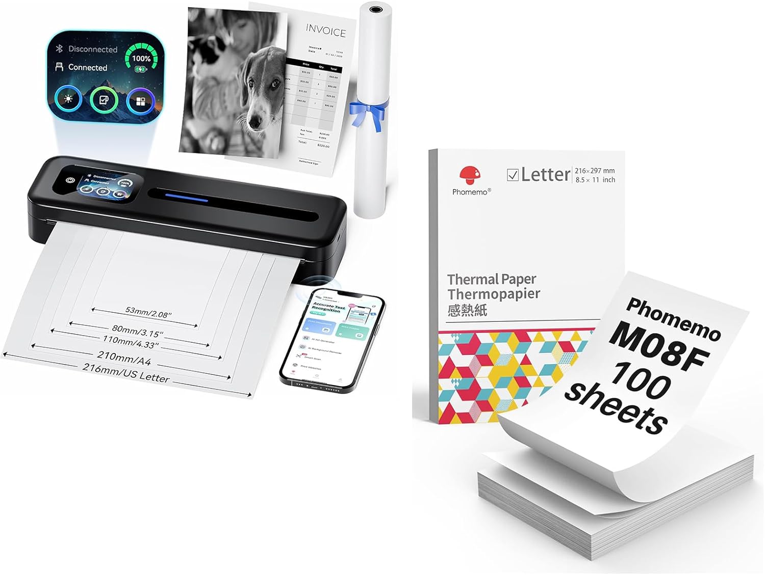 Phomemo M832D Bluetooth Portable Printers & 100 Sheets Folded Thermal Paper 8.5 x 11 Inch, Wireless for Travel