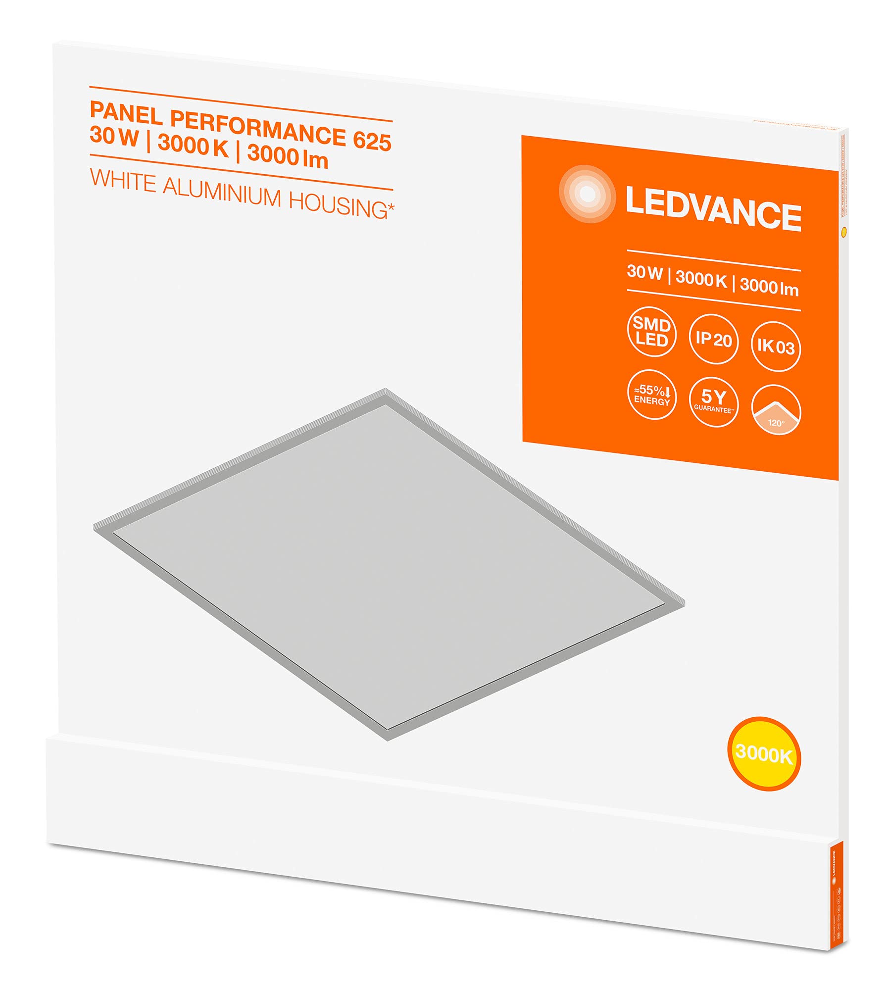 Luminaria Panel LED: para Techo/Wall, Panel Performance 625 / 30 W, 220 - 240 V, Ángulo de Radiación: 120, Warm White, 3000 K, Material del Cuerpo: Aluminum, IP20, 1-Pack