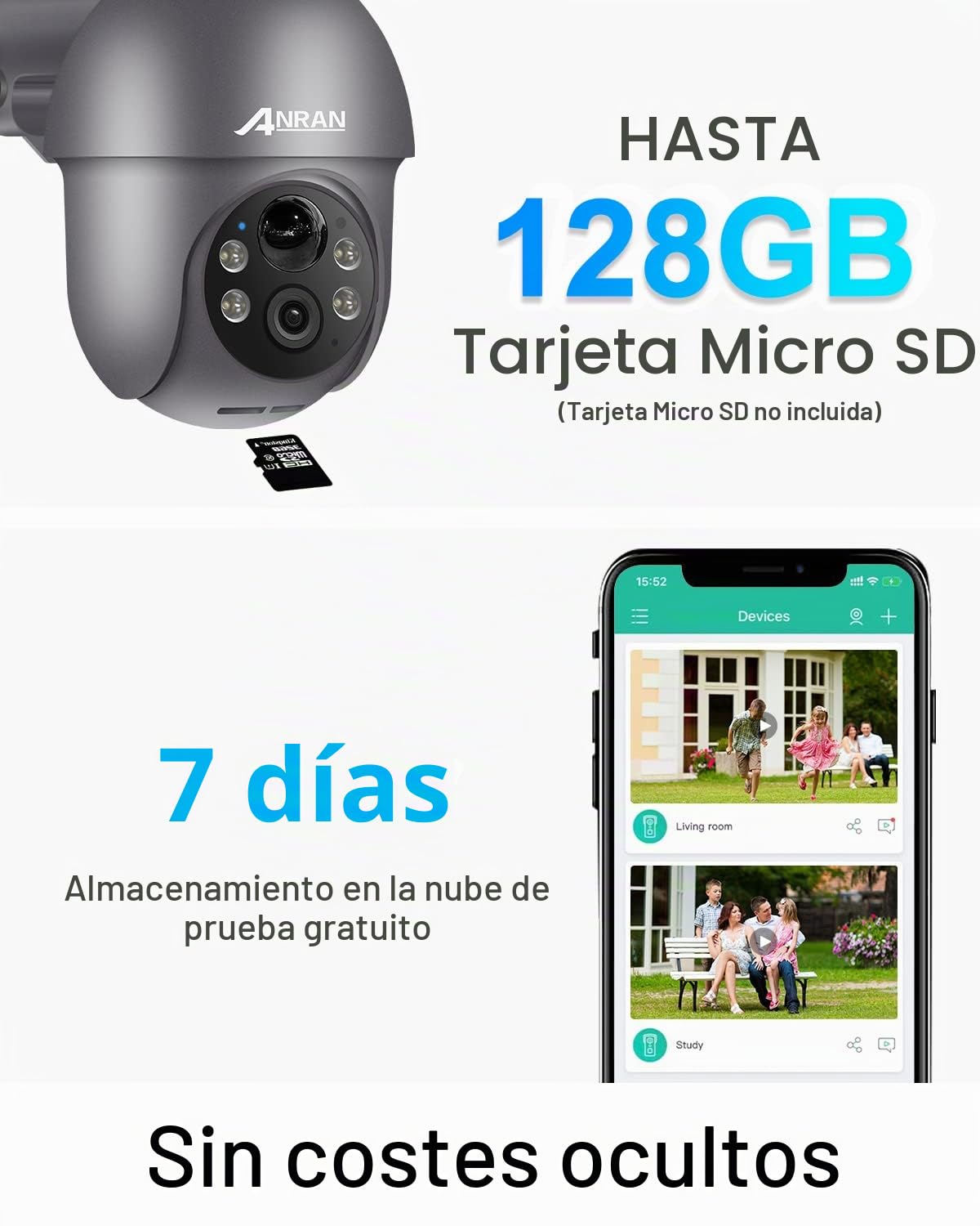 ANRAN 5MP Camara Vigilancia WiFi Exterior Solar, 360° Cámara con Bateria | PIR Humana Detección, 4 Lumières Blanches, Alarma de Luz y Sonido, WiFi 2.4 GHz, Voz de Dos Vías Compatible Alexa