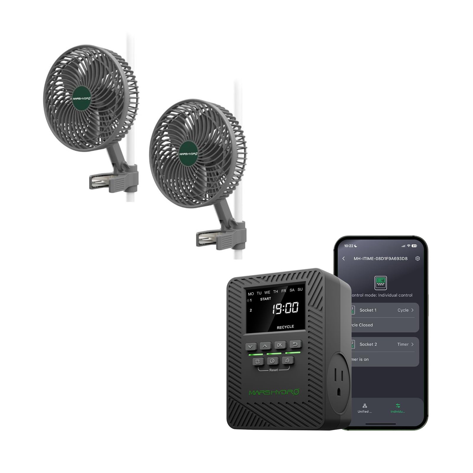 MARS HYDRO iTime 2-in-1 Dual Outlet Smart Timer with digital display and control buttons.