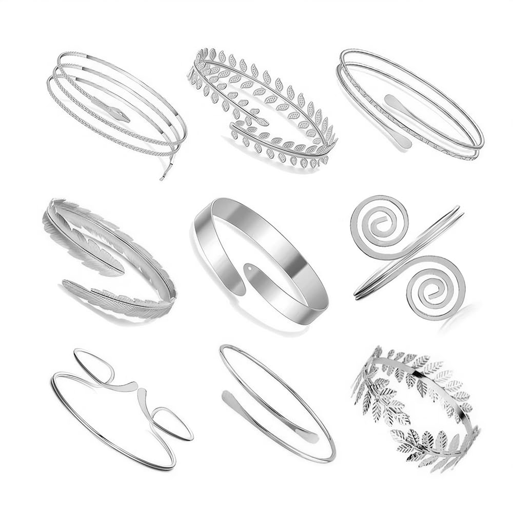 9 Piezas Brazaletes Mujer Abiertos Espiral Pluma Hojas Serpiente Ajustables Pulseras Elegantes Conjunto Minimalista Accesorios Joyería