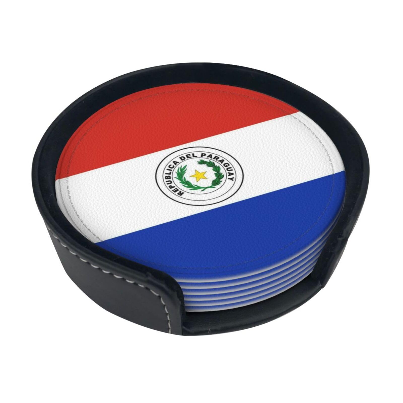 Flag of Paraguay Leather Coasters-Set of 6 with Storage Holder
