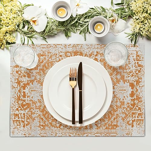 Image of Gray Orange Boho Placemats Set of 4 Ethnic Bohemian Carpet Place Mats Washable Kitchen Dining Vintage Grey Geography Floral Linen Table Mats Stain Heat-Resistant Cloth Tabel for Home Party 12x18 in