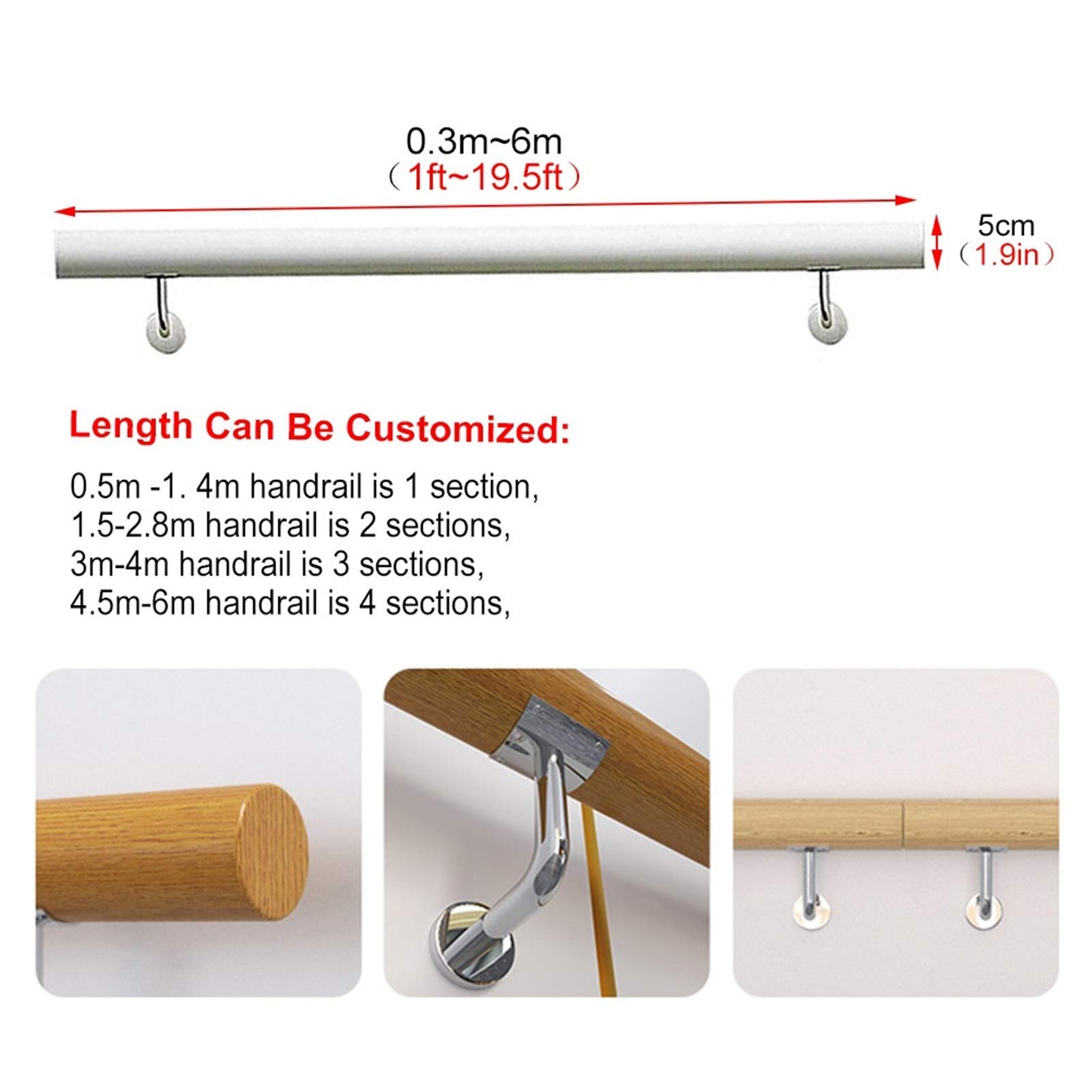 Corrimano per scale, ringhiera per scale di sicurezza antiscivolo in legno bianco, barra di supporto per anziani per loft interno contro il muro, 0,5 m-6 m antiscivolo (dimensioni: 3,5 M(11,5FT)) (5