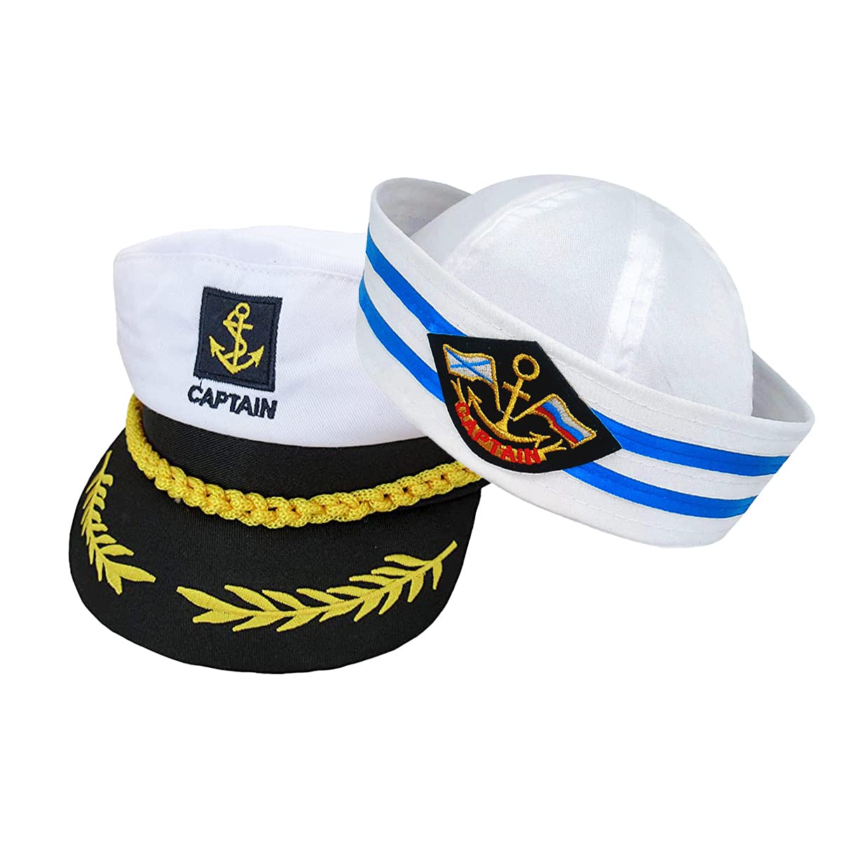 AKOFIC 2 Pieces Captain Sailor Costume Hats, Adjustable Adult Sailors Hat Captain Cap Costume Accessories, White Navy Marine Admiral Hat for Cosplay Sea Yacht Boat Ship Parties