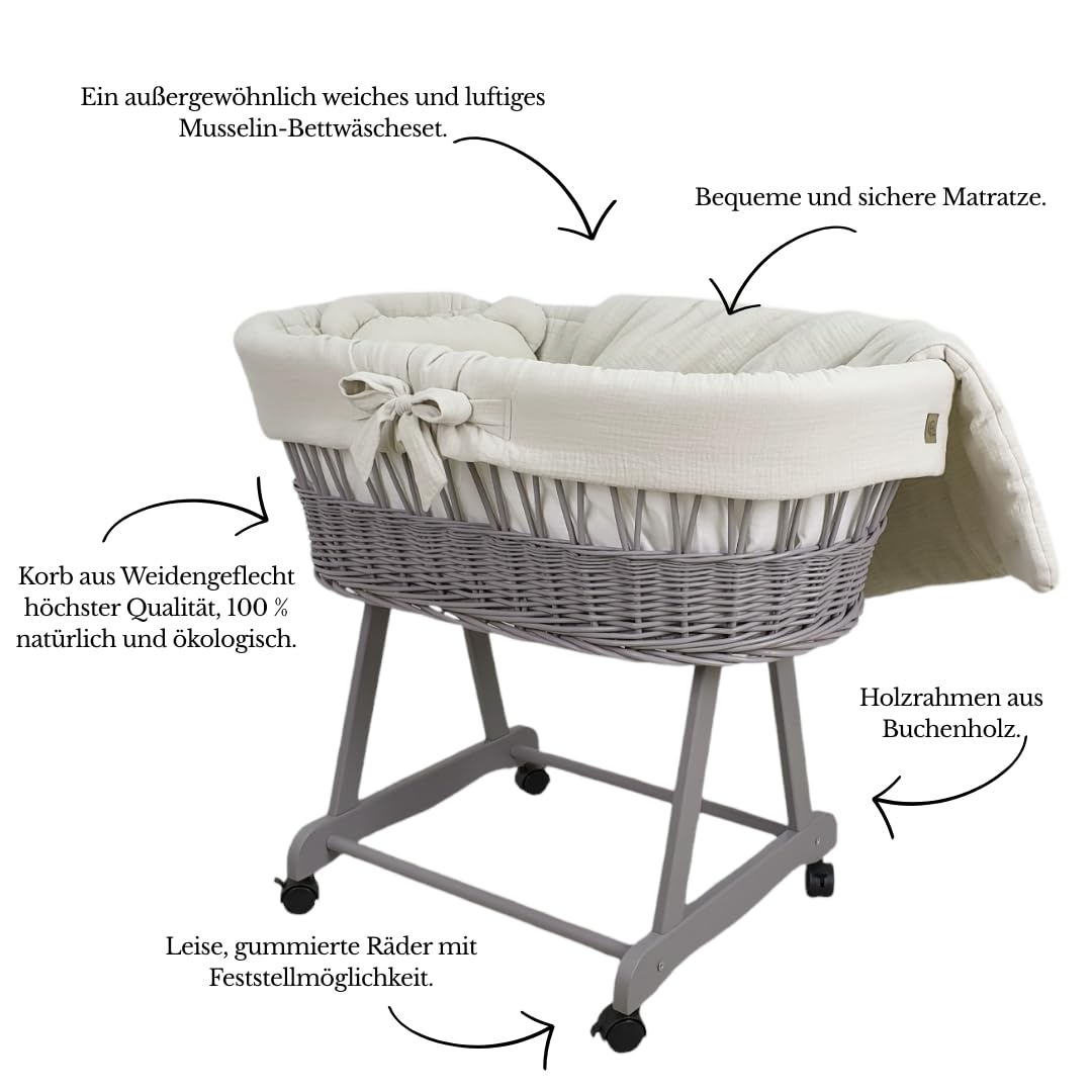 Stubenwagen Baby mit Rollen & Bremse – Grauer Moseskorb aus Naturweide inkl. Matratze & Ecru Bettwäsche aus 100% Baumwolle – sicher & mobil – Modell Amelia