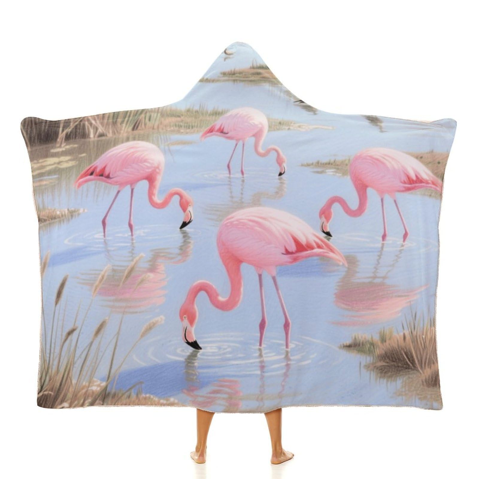 Koc do noszenia, ponczo na pelerynę, oversize, miękki, ciepły, narzuta, koc dla dorosłych, żerowanie flamingów, koc, bluza z kapturem
