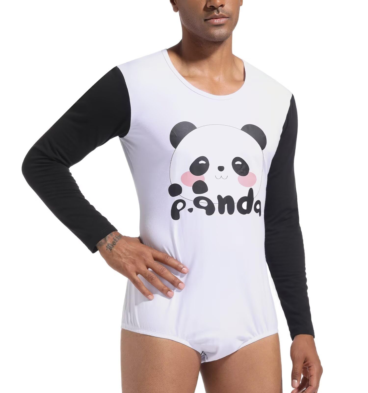 Landofgenie Męska Piżama Romper z Długim Rękawem Onesie Body Jednoczęściowy Kombinezon z Nadrukiem Pandy