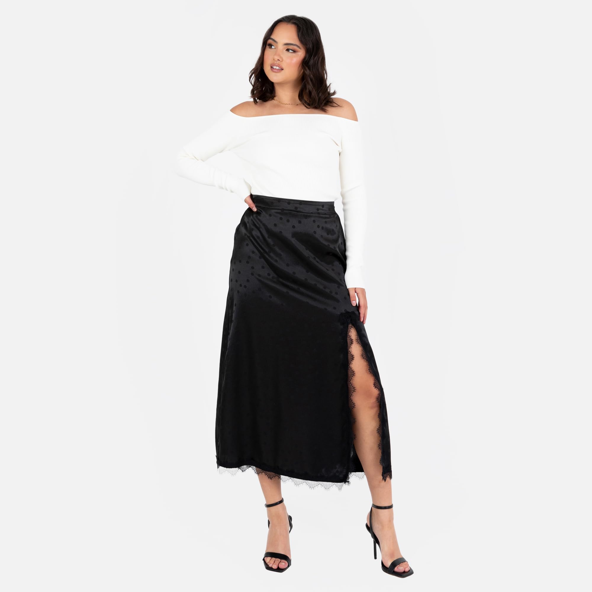 Lovedrobe Women's Midaxi Skirt Ladies Satin Lace Trim Split Hemline Polka DOT Spot Print A-Line Occasion Evening Party Cocktail Gonna Donna (Pacco da 1)