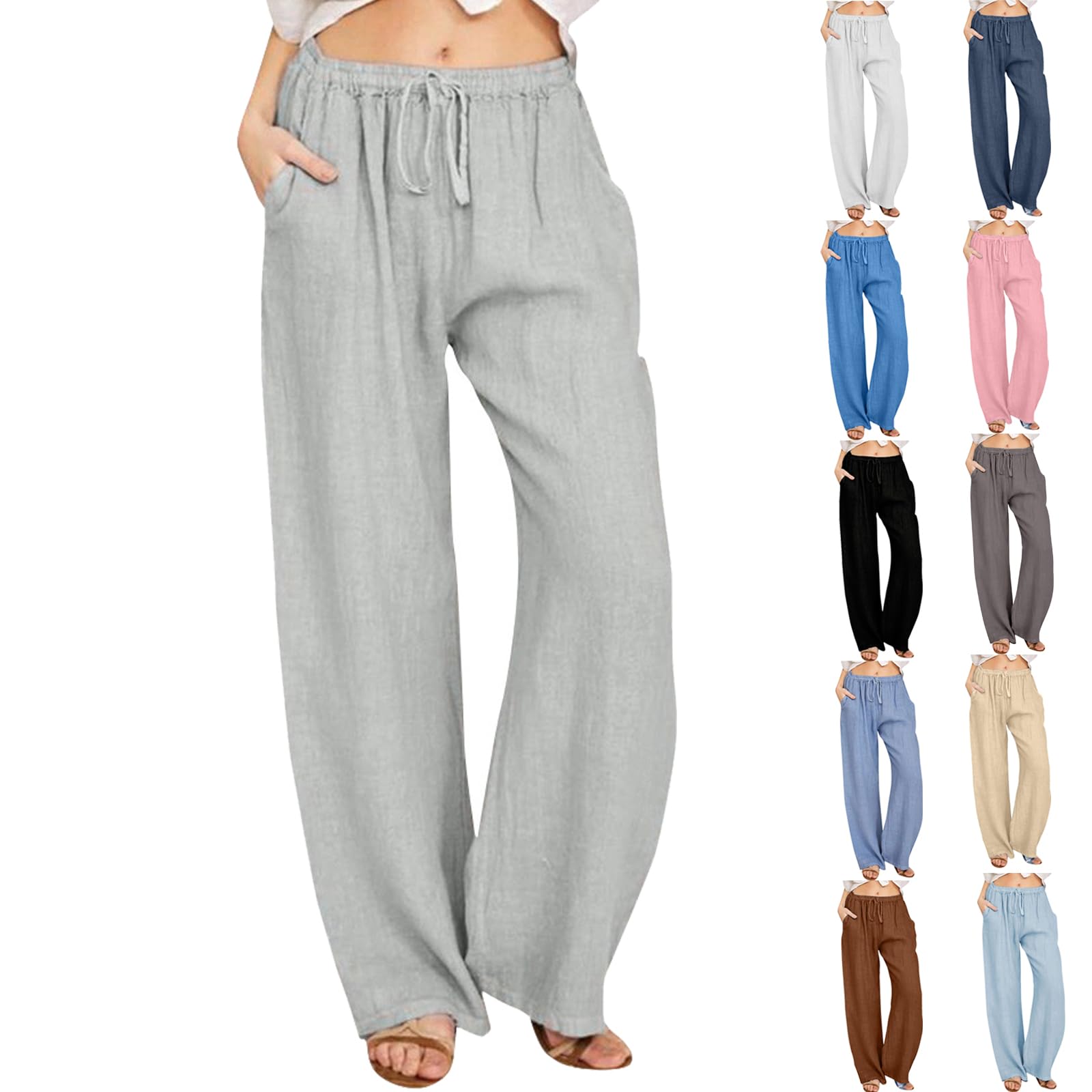 SMIDOWSummer Pants for Women Casual 2024 Summer Drawstring Elastic High Waist Linen Pant Straight Wide Leg Cropped Trousers
