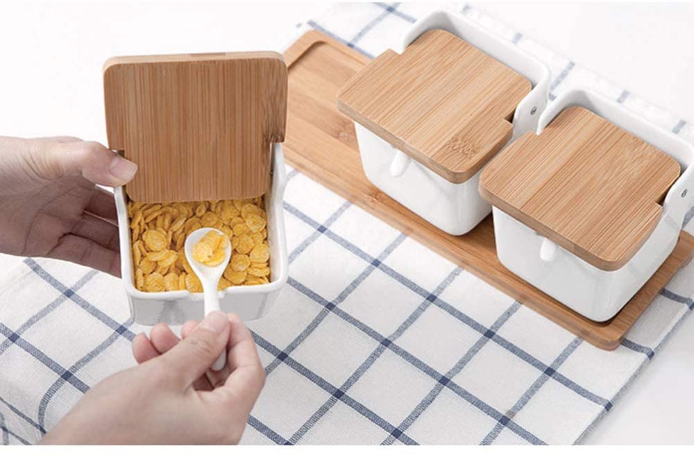 Barattoli per condimenti, Creatività Barattoli di spezie in ceramica Zuccheriera Contenitori for alimenti con cucchiaio e coperchio in legno for la cucina domestica(Twin)