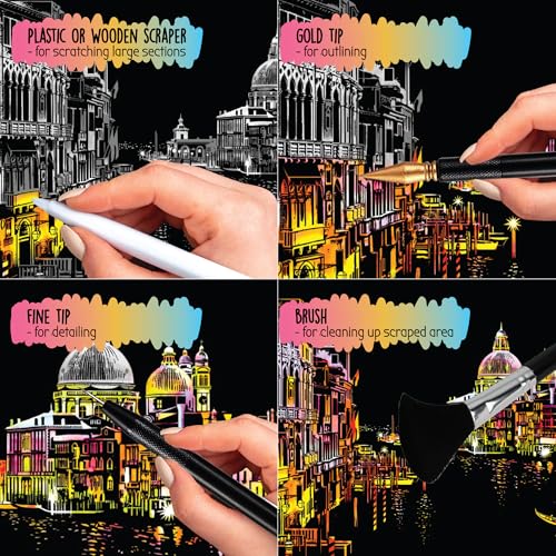 Image of Scratch Art Book for Adults - City Series, 10 Rainbow Art and Crafts for Adults | Adult scratch art & foil art for adults kit | stress relief scratch painting, screen-free travel craft | scratch art adult