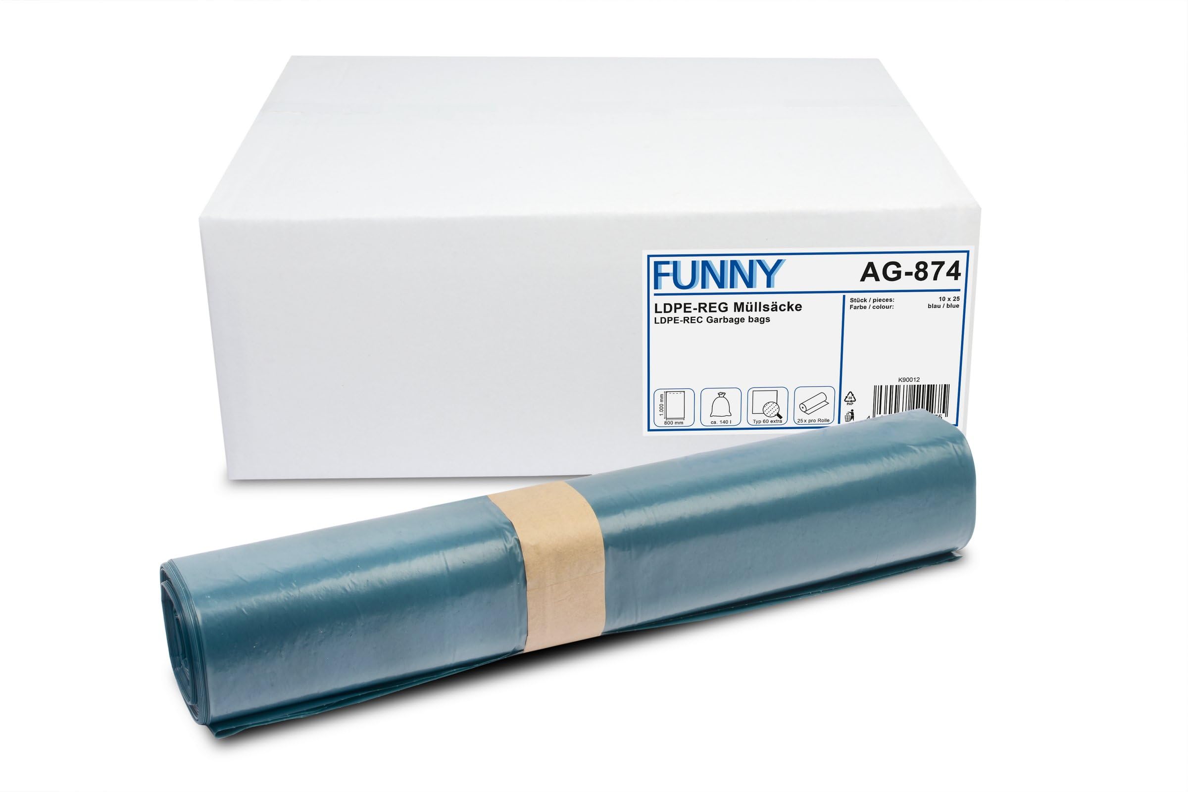 Funny LDPE-Regenerat Müllsäcke, blau, gerollt, Typ 60 extra, 140 l, 1er Pack (1 x 250 Stück)