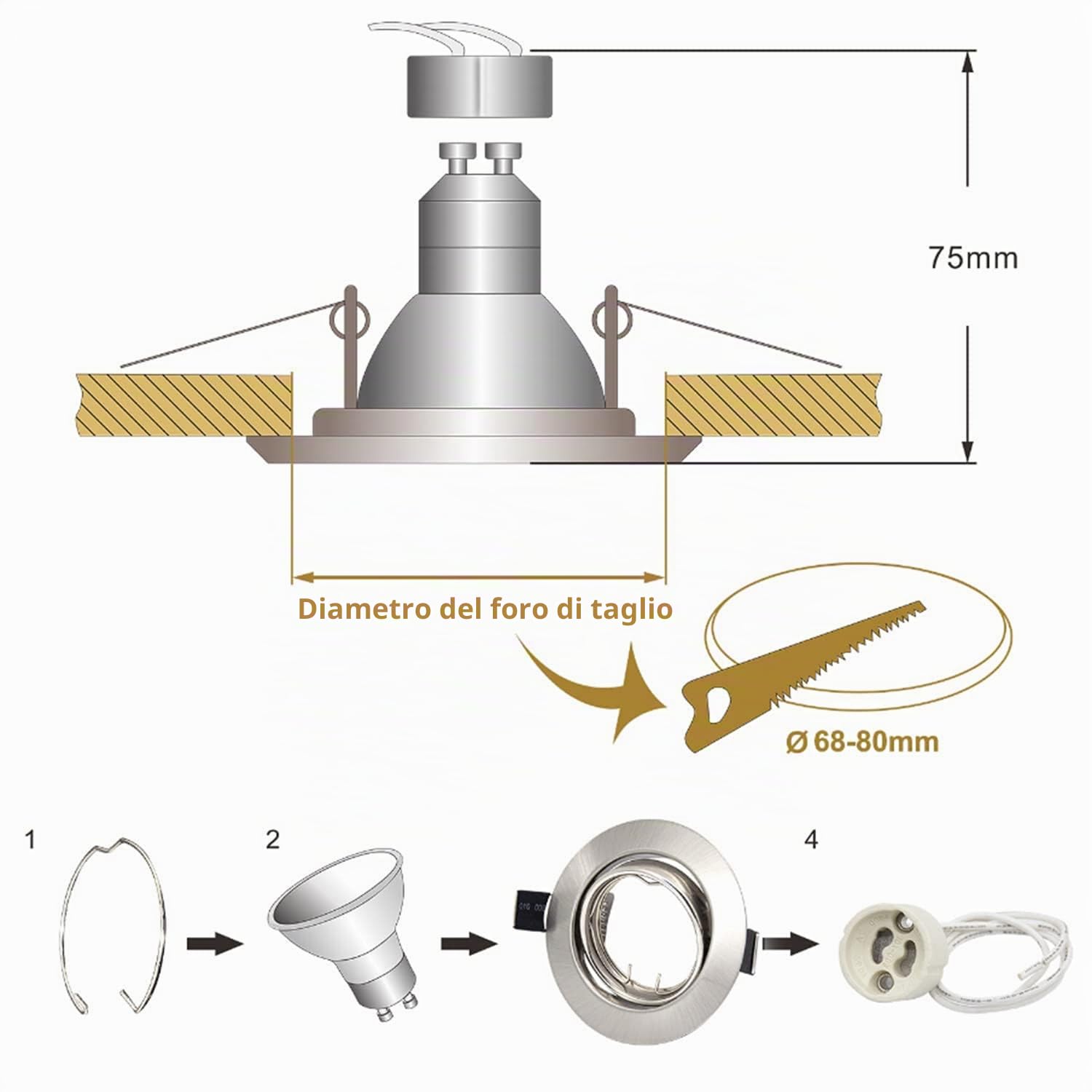 20x Cornice Faretti da Incasso per Cartongesso GU10,Orientabili a 30°,Foro 68mm-80mm,Portafaretto Rotondo Metallo,Faretti Led Soffitto Portalampada GU10 per Faretto LED e Lampadina