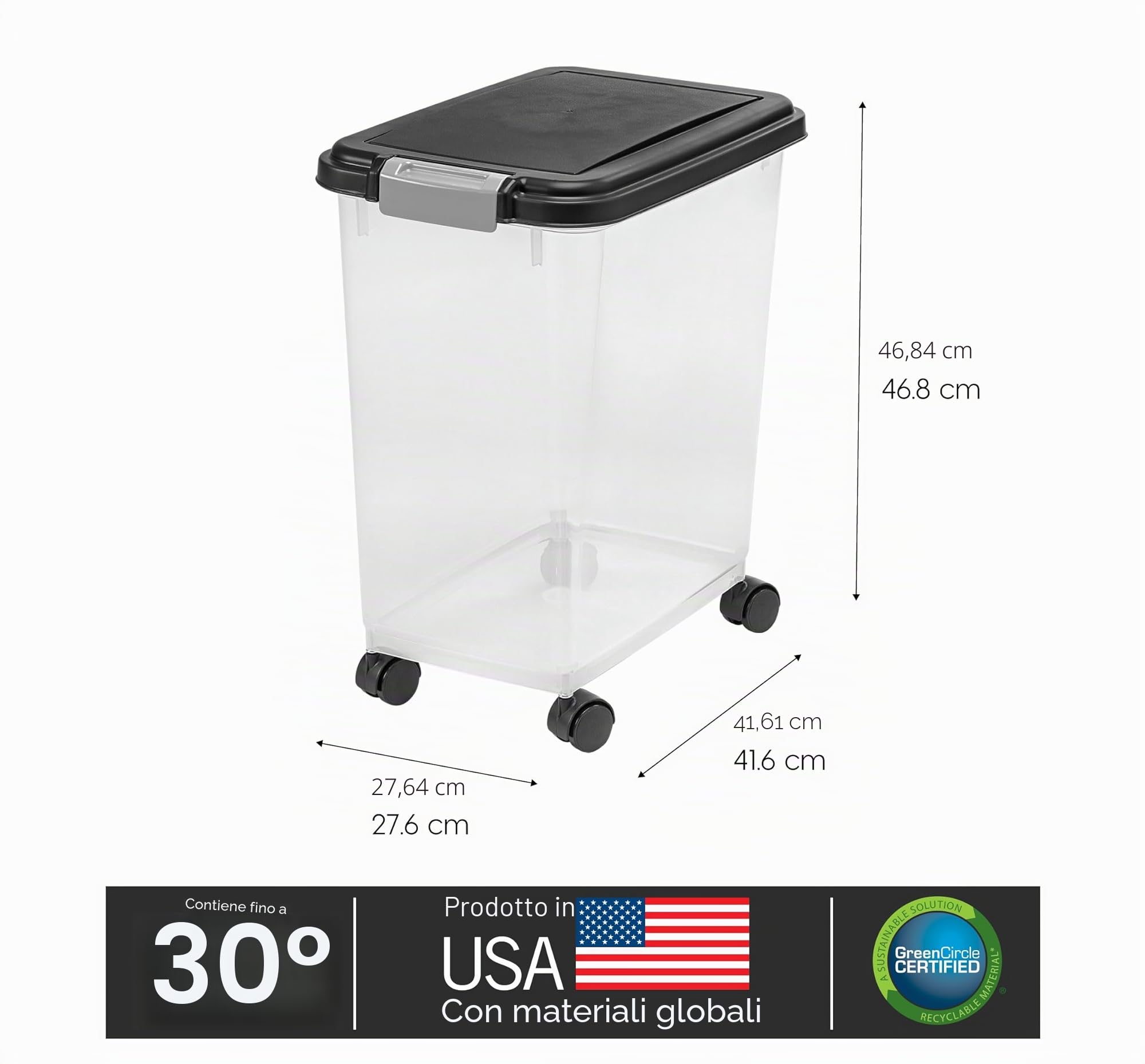 Iris Ohyama, Contenitore per Crocchette Ermetico, 30L/11kg, Nero, Ermetici, Plastica, con Coperchio, Per Cibo per Gatti, Cani, Cibo secco, Crocchette, Dolci, MP-8