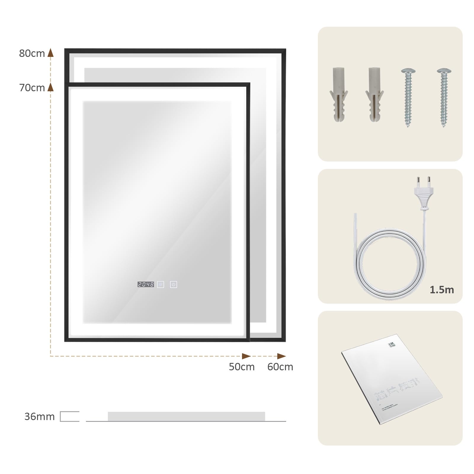 YOURLITE Badspiegel mit Beleuchtung 50x70,Badezimmerspiegel Led Badspiegel,UhrTouch-Schalter,Spiegel Bad mit Beleuchtung,3Lichtfarben Dimmbar,Antibeschlag,Wandspiegel,Speicherfunktion,Vertikal,Schwarz