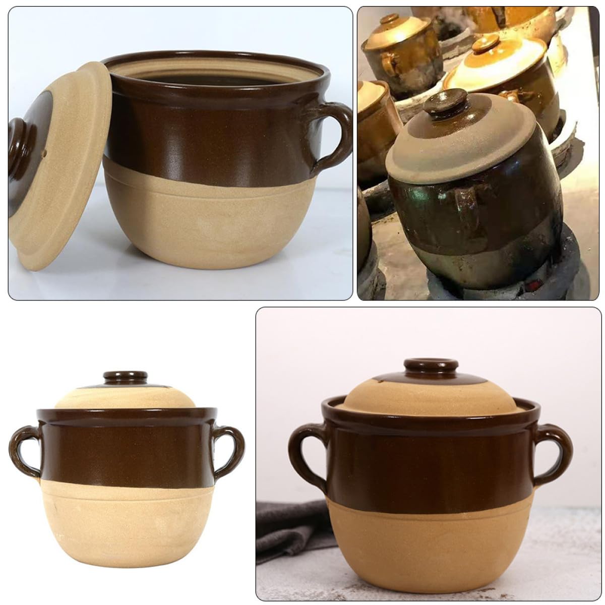 Abaodam Olla de Barro Doble Asa de 2l, Resistente a Altas Temperaturas y Antiadherente, Adecuado para Cocinar Guisos Caseros en Cocina Tradicional