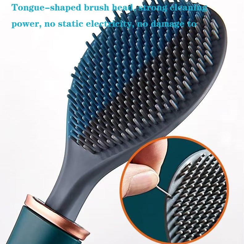 Image of Modern Silicone Toilet Brush，Flat Flexible Brush Holder Set， Wall Mounted with Holder，Household Punch-Free Wall Hanging Long Handle Silicone Toilet Brush (Blue)