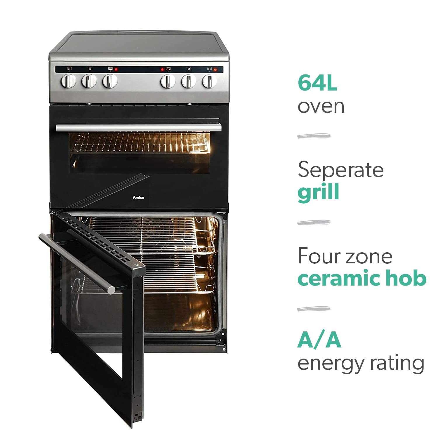 Amica AFC5100SI 50cm Electric Double Cavity Cooker With Ceramic Hob - Silver — view 2