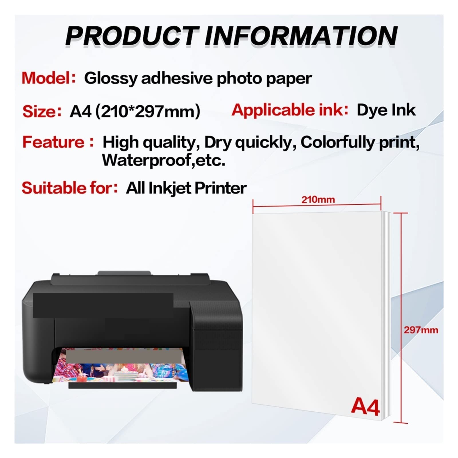 A4 Hochglanz selbstklebendes Fotopapier 20 Blatt hochglänzend selbstklebend Tintenstrahldruck for Tintenstrahldrucker Bürobedarf Familie Lucky (Color : Glossy 20 Sheets)